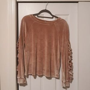 Pink velour ruffle sweatshirt